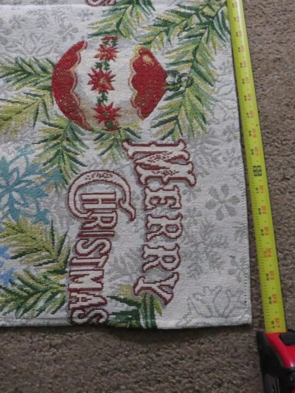 Merry Christmas Tapestry Table Runner - Red Poinsettia Ornaments Shimmer 67x13
